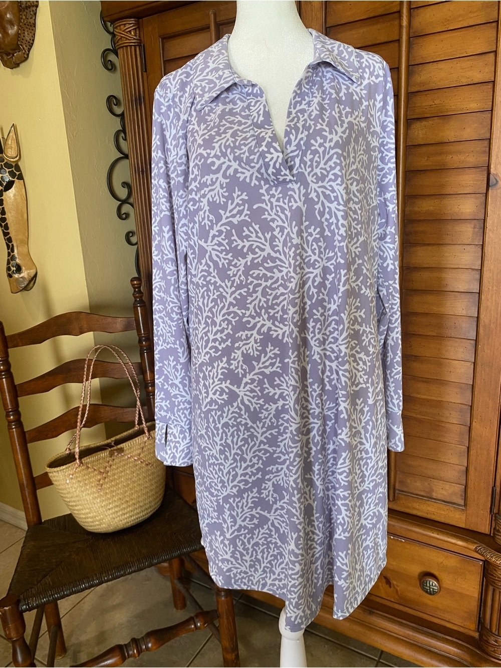 Beach Coral-Print Long Sleeve V Neck Cover Up Dress Large